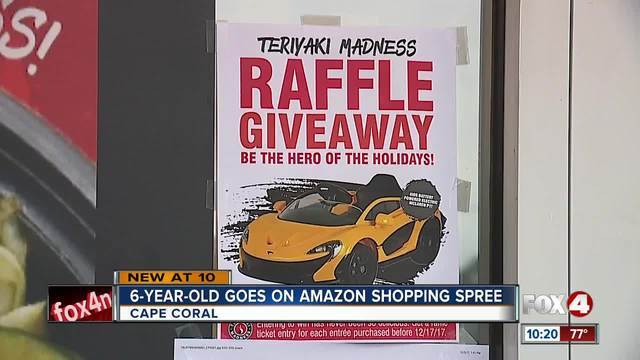 A picture of a news segment showing a poster for a Teriyaki Madness raffle giveaway