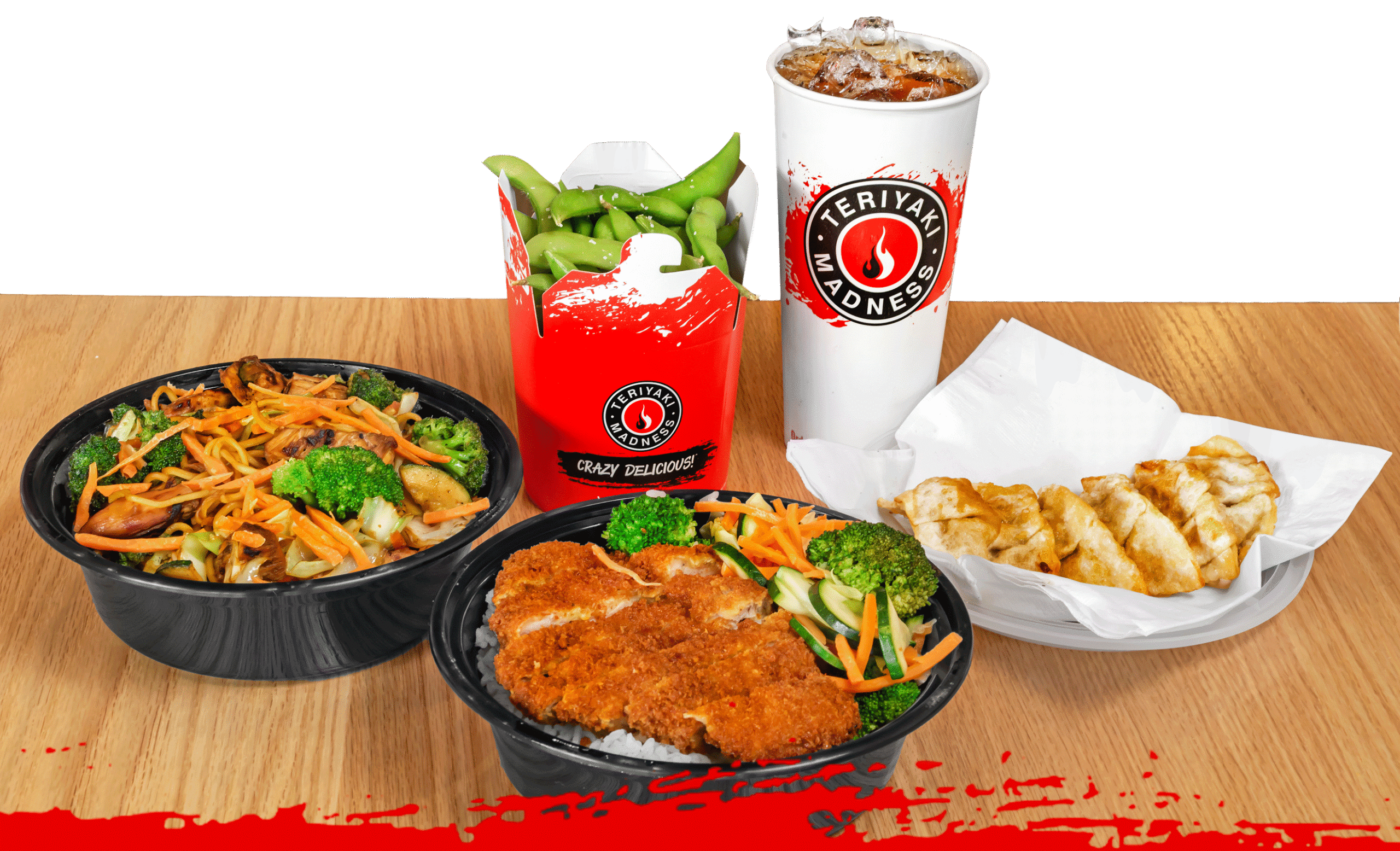 A spread of a chicken katsu bowl, edamame, potstickers, and noodles. 